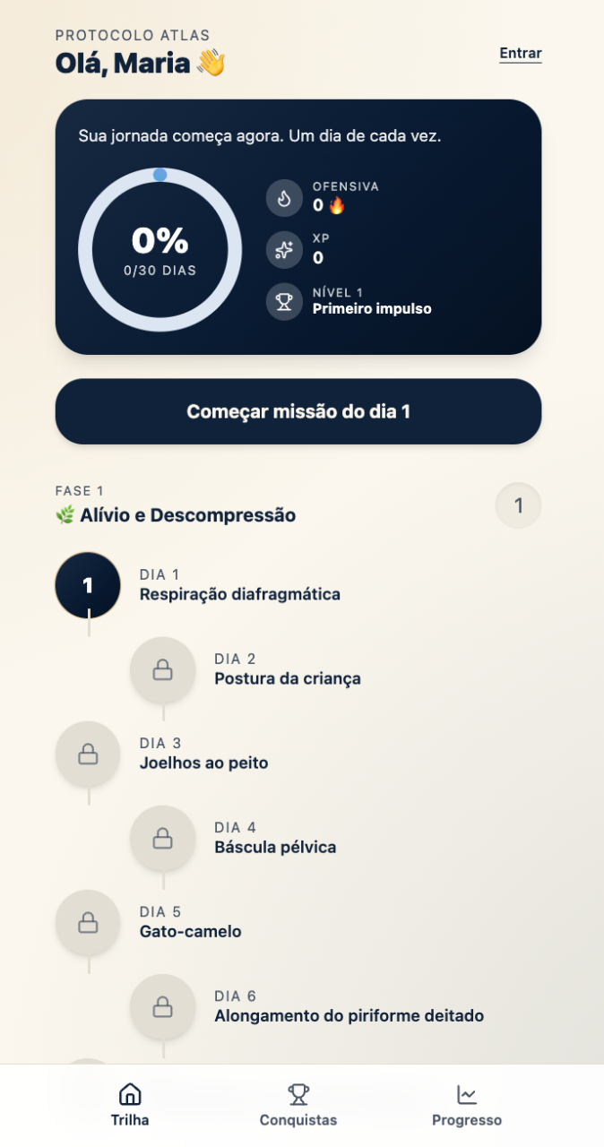 Tela do aplicativo Atlas mostrando a trilha de progresso